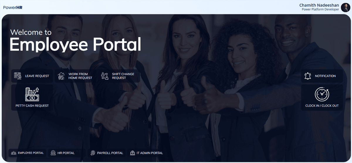PowerHr employee portal home screen with quick actions for leave, work-from-home and payroll requests